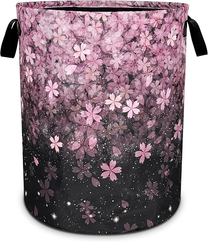 Cherry Blossoms Laundry Basket Pink Flowers Foldable Oxford Cloth Funny Tote Bag Laundry Hamper Clothes Storage Bucket Toy Organizer For Bathroom/Laundry Storage/Bedroom 18.9x16.5 Inch