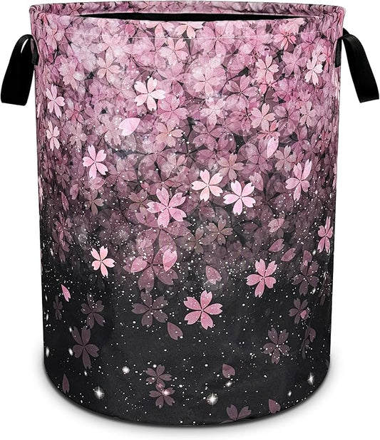 Cherry Blossoms Laundry Basket Pink Flowers Foldable Oxford Cloth Funny Tote Bag Laundry Hamper Clothes Storage Bucket Toy Organizer For Bathroom/Laundry Storage/Bedroom 18.9x16.5 Inch