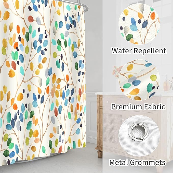 Colorful Leaves Shower Curtains 72x72 Inch, Waterproof Fabric Watercolor Floral Stylish Bathroom Shower Curtain with Hooks