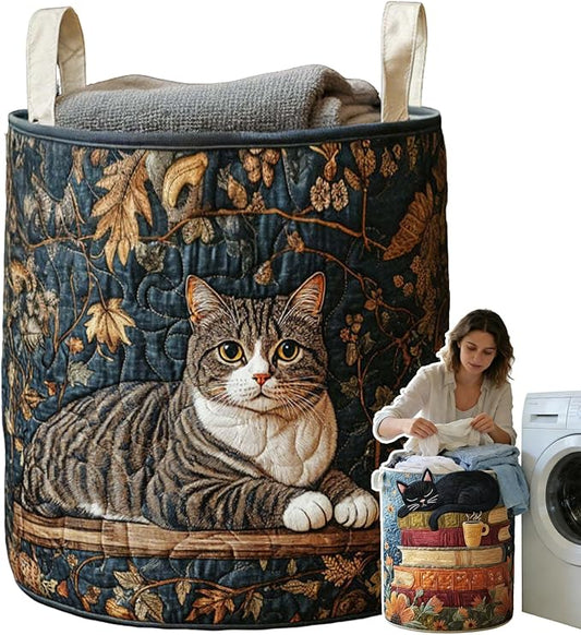 Cat Quilted Laundry Basket - 18"/22"/28", 2026 Large Quilted Cat Laundry Basket with Handles, Cozy Cat Fabric Storage Hamper for Nursery, Bedroom, Laundry Room, Clothes & Toys (6, M 16"X22")