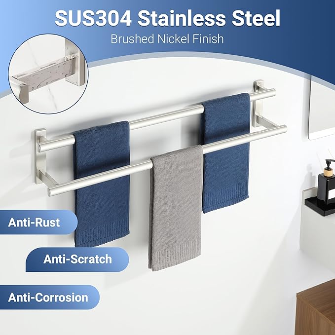 SAYAYO Double Towel Bar for Bathroom, 31.5 Inch Brushed Nickel Bath Towel Rack Towel Holder Wall Mounted, SUS304 Stainless Steel