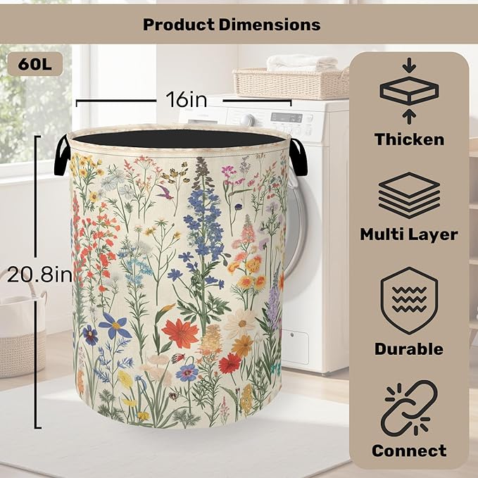 Summer Wild Herbs Large Clothes Hamper Bag - Laundry Basket with Handles, Space Saving Foldable Design for Nursery