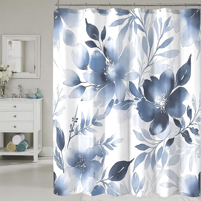 Floral Shower Curtain, Blue Watercolor Flower Shower Curtains for Bathroom, Modern Minimalist Waterproof Fabric Bath Decoration 72x96 Inch