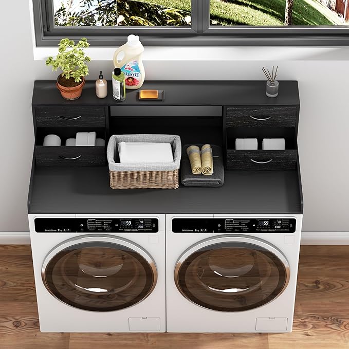 Unionly Washer and Dryer Countertop, 27.5“ D x 53.9“ W x 12.9“ H Solid Wood Washer and Dryer Countertop with Organizer Shelves with Four Drawers for Laundry Room Organization (Black)