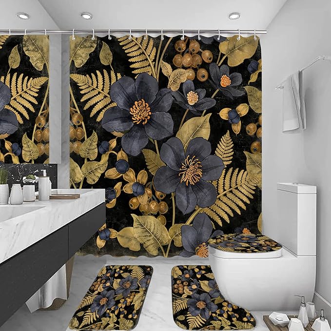 FZDHHY 4Pcs Black and Blue Shower Curtain Set, Morden Bathroom Sets, Vintage Flower Bathroom Sets with Shower Curtain and Rugs, Shower Curtain with 12 Hooks