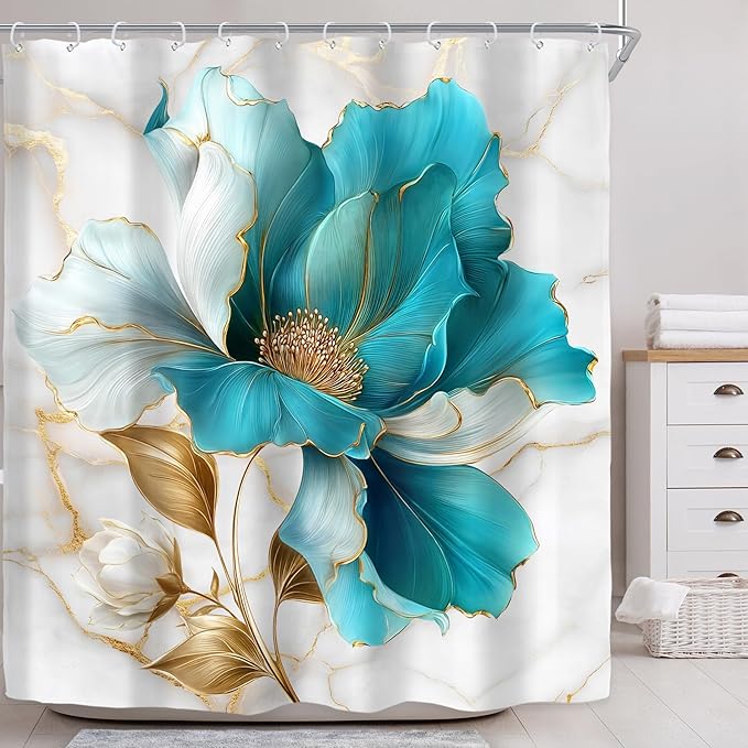 Riyidecor Teal Gold Marble Floral Shower Curtain for Bathroom Decor 72Wx72H Turquoise Abstract Ombre Flower Luxury Modern Minimalist Art Printed Fabric Polyester Waterproof 12 Pack Plastic Hooks