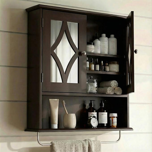 RoyalCraft Bathroom Medicine Cabinet Wall Mounted, Over the Toilet Storage Cabinet with Towel Rack and Adjustable Shelf, Large Bathroom Towel Cabinet Wall Mount 22x25 inch (Brown)