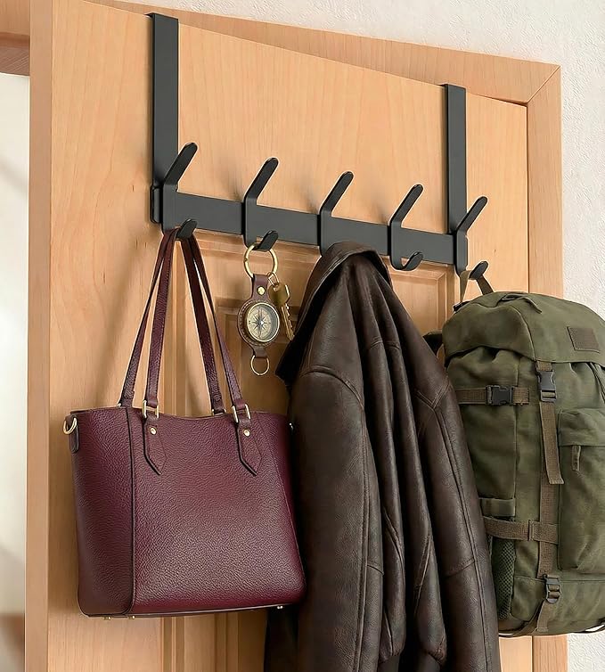 Over The Door Hooks Hanger with 7" Arms for Hanging Heavy Coats, Towel, J7U, Perfectly Fits US Standard 1 3/8-inch Doors, Towel Rack Bathroom Organizer Holder, Rustproof, Matte Black