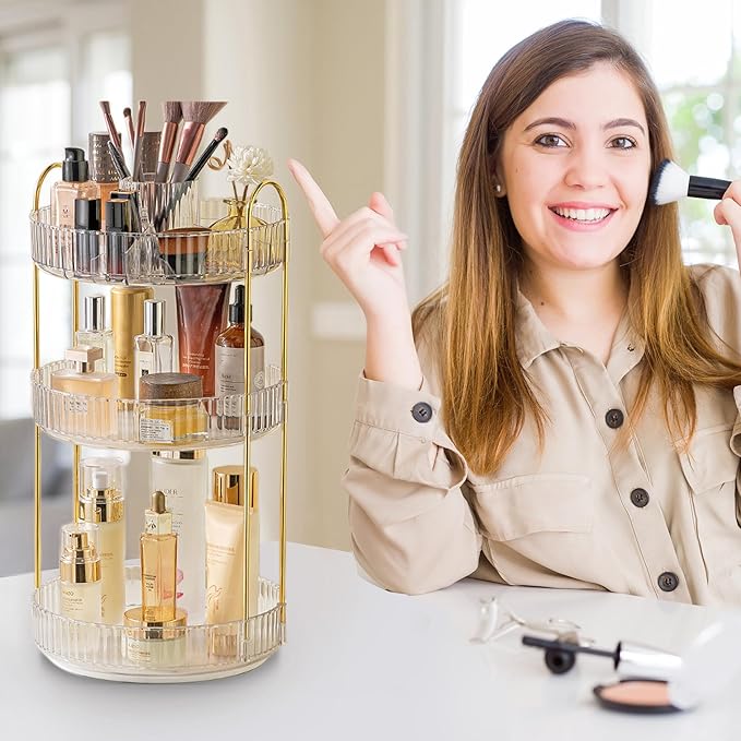 Aveniee Rotating Makeup Organizer – Clear Spinning Perfume & Skincare Cosmetic Storage, Three-tier Large Make Up Holder for Vanity, Bathroom Countertop or Dresser, White