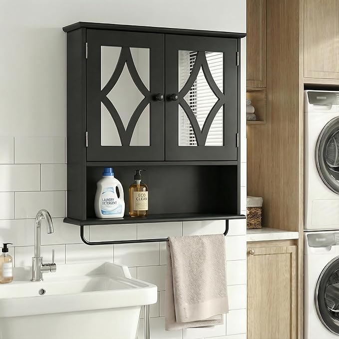 RoyalCraft Bathroom Medicine Cabinet Wall Mounted, Over the Toilet Storage Cabinet with Towel Rack and Adjustable Shelf, Large Bathroom Towel Cabinet Wall Mount 22x25 inch (Black)