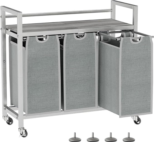 SwaaVee Laundry Hamper, Laundry Basket, Laundry Sorter with 3 Removable Bags, Clothes Basket with 3 Compartments, Wheels, Shelf for Laundry Room Bathroom Bedroom (3 Bags-Gray)