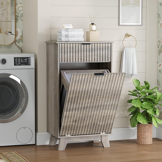 Wodeer Tilt Out Laundry Hamper Cabinet with Storage and Drawer, 10 Gallon Fluted Hidden Trash Can Cabinet, Farmhouse Wood Laundry Basket Cabinets for Bathroom, Kitchen, Grey