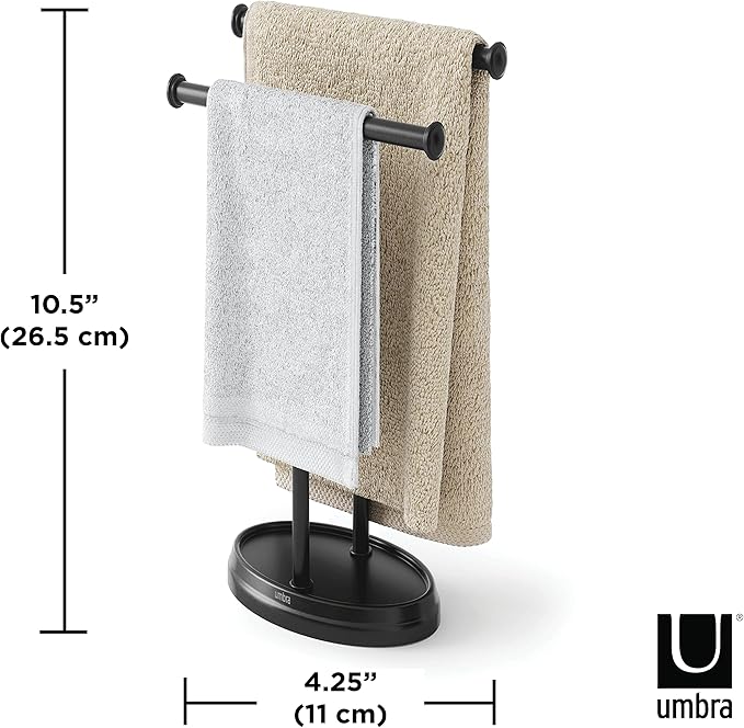 Umbra Palm Double Hand Towel Tree, Brushed Nickel 2 Towels Holder and Accessories Stand for Bathroom Vanities - Slim, Modern, Durable Bars with Base Serves as a Jewelry Tray for Rings
