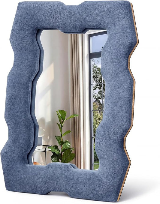 Wavy Decorative Mirror, Square Fun Tabletop Mirror, Blue Irregular Decor Mirrors, Home Modern Decor for Living Room Office Workspace Bedroom Entryway (8.9x12 Inch)