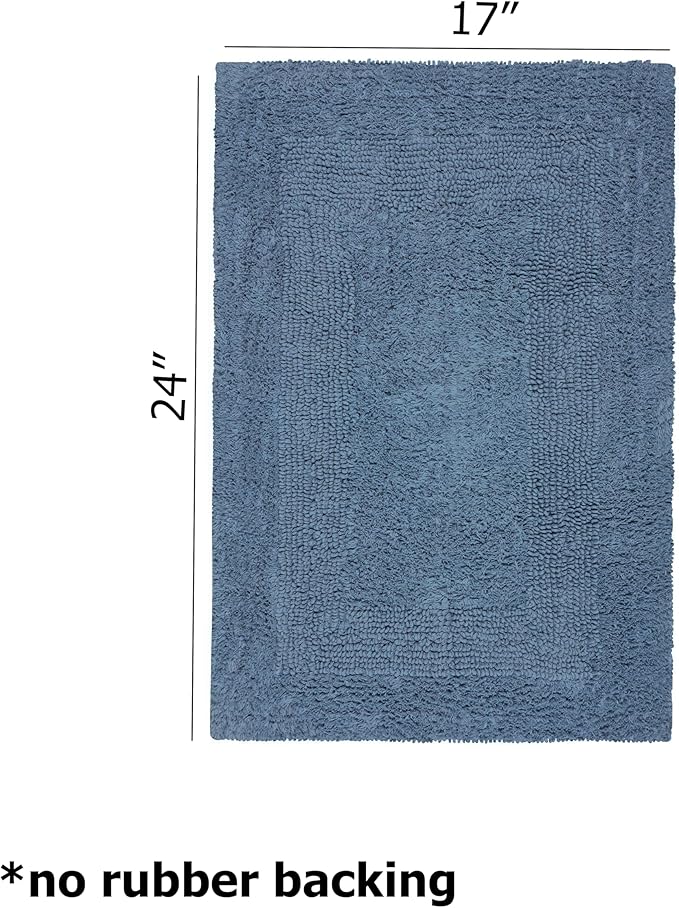 COTTON CRAFT Luxurious Bath Mat Rug - Set of 2 Reversible Heavyweight Step Out Bath Mats for Bathroom Floor, Tub and Shower - Pure Cotton Soft Plush Absorbent Tufted Racetrack Mat - 17x24 - Azure Blue