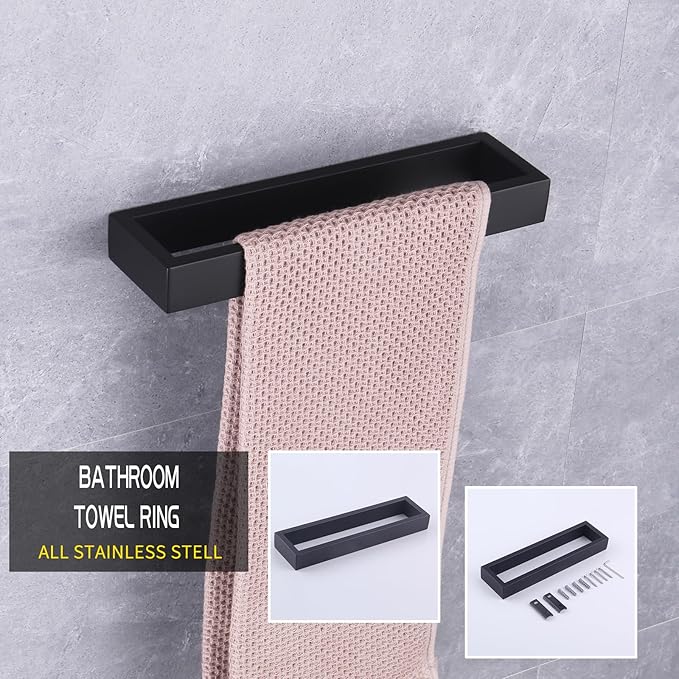 GERZWY Bathroom Accessory 3-Piece Set SUS 304 Stainless Steel Toilet Paper Holder Towel Ring Towel Hooks Wall Mount, Matte Black HG1708-3BK