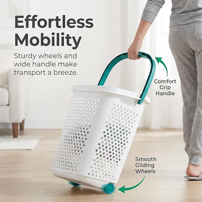 Heavy-Duty Plastic Wheeled Rolling Laundry Basket with Pop-Up Wide Handle, Ventilated Design, Easy to Clean, Spacious 70.52 Liters (2 Bushel), Large Capacity for Families, Dormitories, Laundry Rooms