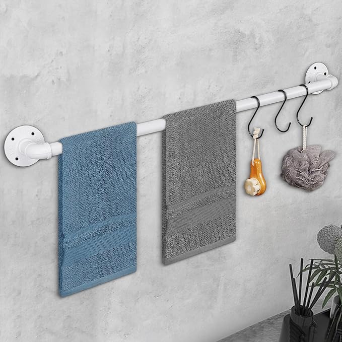 Industrial Pipe Towel Rack Towel Bar, Heavy Duty Wall Mounted Rustic Farmhouse Bath Towel Holder for Bathroom (White, 32 inch)
