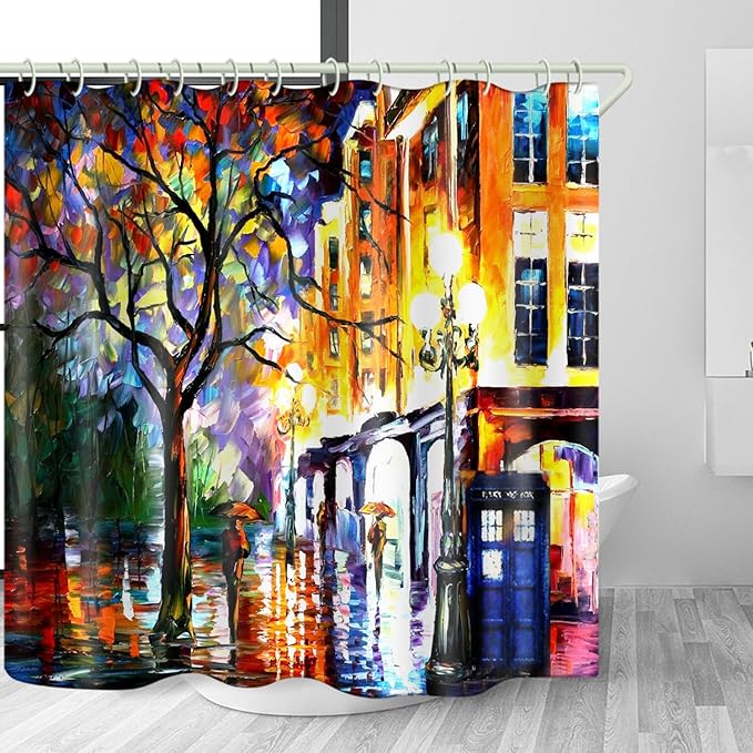 Bright Fabric Shower Curtains, Oil Painting Street Theme Design Art Shower Curtains, Bathroom Decor Set, 12 Shower Curtain Hooks (72 "Wx72 L) Inch Waterproof Shower Curtain.