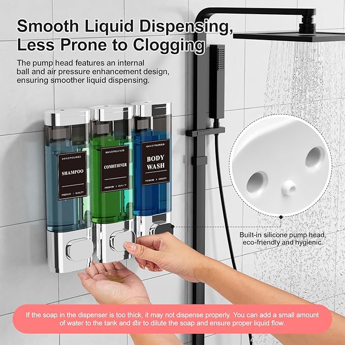 Shampoo and Conditioner Dispenser – Wall-Mounted Shower Soap Dispenser, No-Drill Installation, Lockable, 900 ml Capacity,for Bathroom & Hotel or Airbnb (Electroplated Silver, 3-Pack)