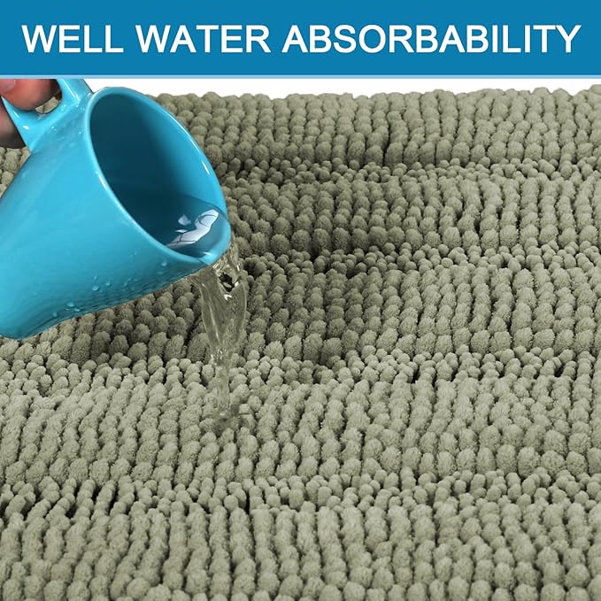 H.VERSAILTEX Bathroom Rug Sets 2 Piece Bath Mats Non Slip Thick Soft Chenille Striped Bath Rug achine Washable Shower Floor Rugs for Tub, Shower and Floor (Eucalyptus Green, 20" x 32"/17" x 24")