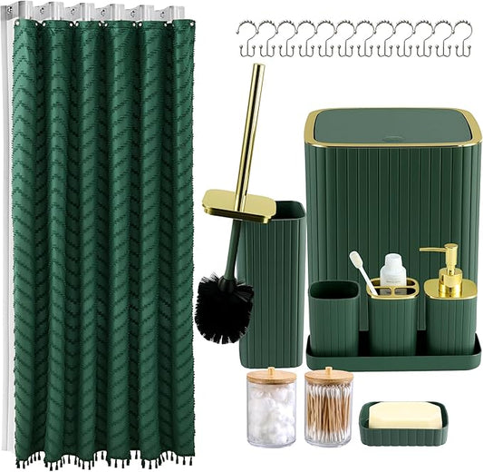 Bathroom Accessories Set-23Pcs Set, Complete Bathroom Decor & Home Decor, Bathroom Set with Toilet Brush, Trash Can, Soap Dispenser,Modern Bath Essentials (Green, Bath Set+Shower Curtain&Liner Set)