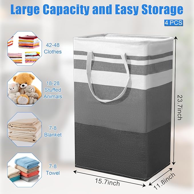 4 Pcs 75L Large Laundry Basket, Freestanding Waterproof Laundry Hamper Collapsible Clothes Basket with Easy Carry Handles Collapsible Clothes Organizer for Bedroom Bathroom Dorm Family, Grey
