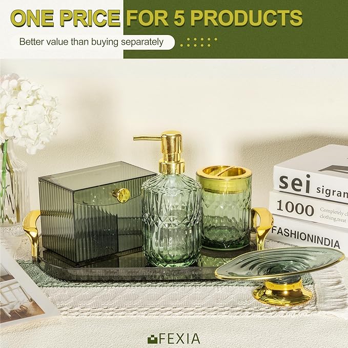 FEXIA Green Bathroom Accessories Set 5 Pcs Green Bathroom Decor with Decorative Vanity Tray for Boho Bathroom Decorations Soap Dispenser Toothbrush Holder Lotion Gifts for Women Home Apartment Decor