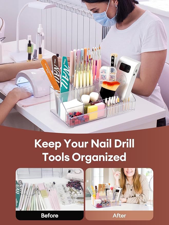LIARTY Nail Drill Holder: Acrylic Nail Drill Bits Holder Makeup Organizer Case for Brush - Beauty Cosmetic Storage Box for Dresser Countertop and Bathroom Vanity