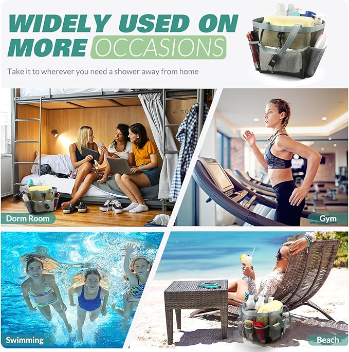 LOYEE Mesh Shower Caddy Portable for College Dorm Room Essentials with 8 Pockets,Shower Bag for Beach,Swimming,Gym,Travel,Bathroom(Grey)