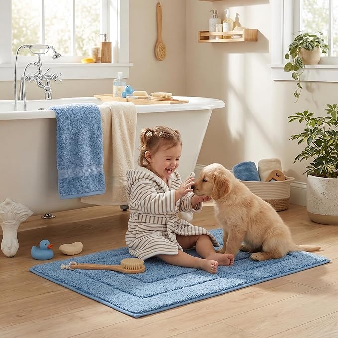 GRANNY SAYS Blue Bathroom Rugs Non Slip, 16" x 24", Bath Rugs for Bathroom, Small Bath Rug Washable，Absorbent Bath Mats for Floor, Microfiber Bath Mat for Tub, Absorbent Shower Rugs