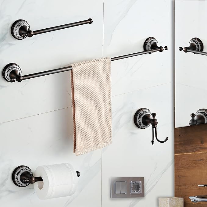 Oil Rubbed Bronze Bathroom Hardware Set,Adjustable Towel Rack, Toilet Roll Paper Holder,Hand Towel Holder,Hook, Bathroom Accessories Set Wall Mounted