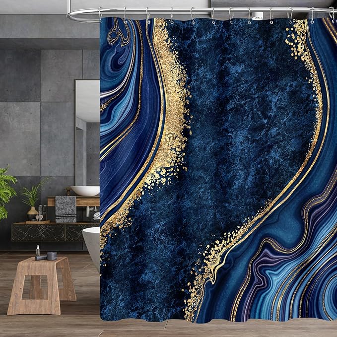 4PCS Navy Blue Gold Marble Bathroom Sets with Shower Curtain and Rugs, Abstract Shower Curtain Sets with Rugs for Bathroom Decor, Modern Bathroom Curtains Shower Set with Toilet Lid Cover