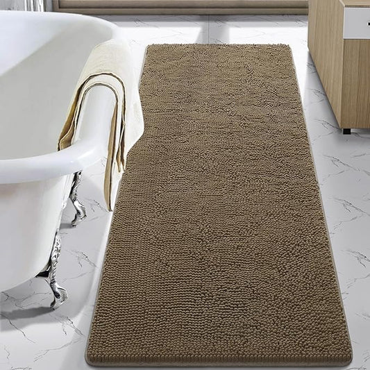LOCHAS Luxury Bathroom Rug Shaggy Bath Mat 24 x 60 Inch, Washable Non Slip Bath Rugs for Bathroom Shower, Soft Plush Chenille Absorbent Carpets Mats, Tan