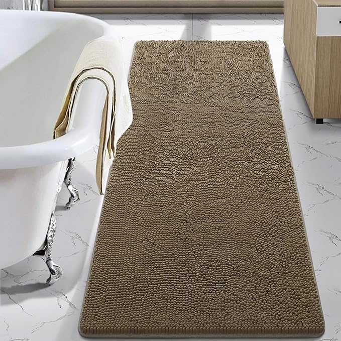 LOCHAS Luxury Bathroom Rug Shaggy Bath Mat 24 x 70 Inch, Washable Non Slip Bath Rugs for Bathroom Shower, Soft Plush Chenille Absorbent Carpets Mats, Tan