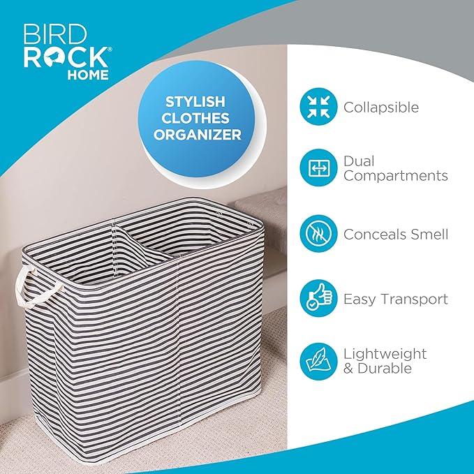 BIRDROCK HOME Collapsible Double Laundry Hamper Basket - Grey & White Stripes Sorter Bin - Compact Dirty Clothes Organizer Bag - Divided Section