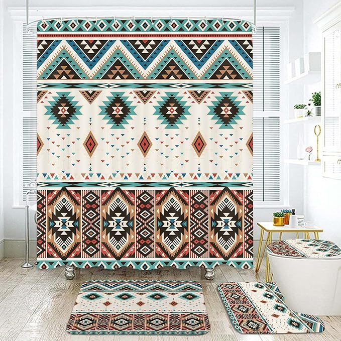 4 Pcs Aztec Shower Curtain Set, Southwestern Native Tribal Navajo Bathroom Rug Sets, Western Boho Vintage Shower Curtain and Non-Slip Rugs Toilet Lid Cover Bath Mat Decor with Hooks