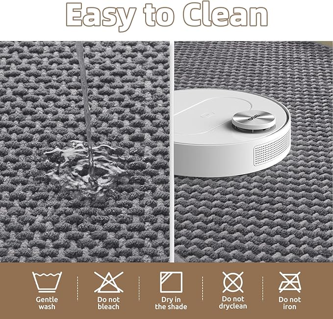 PADOOR-Bath Mat-Super Absorbent Chenille Bathroom Mats-Rubber Backed Bath Mats for Bathroom Non Slip, Easy Clean Bathroom Rugs Front of Bathtub,Shower Room,Sink-17×35, Grey&Darkgrey