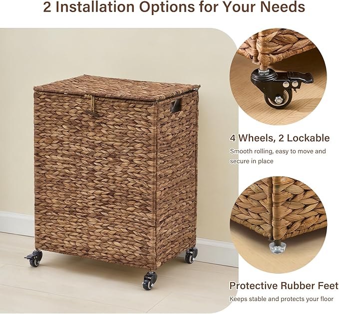 Hand-Woven Laundry Basket with Wheels, Natural Water Hyacinth Laundry Hamper with Lid, Removable & Machine-Washable Liner,Clothes Hamper for Bathroom and Laundry Room(90L,Espresso)