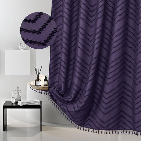 Extra Long Boho Shower Curtain, Woven Fabric 84 in Dark Purple, 72 x 84, Tufted Chevron Striped Modern Chic Textured Minimalist Bathroom Shower Curtain