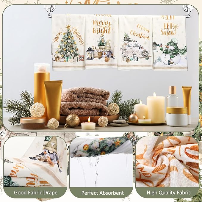 FuWeave 8 Pcs Christmas Shower Curtain Set Xmas Santa Bathroom Decoration Christmas Tree Hand Towels Snowman Toilet Lid Cover Bathroom Rugs Xmas Shower Curtain with Hooks (Vintage Style)
