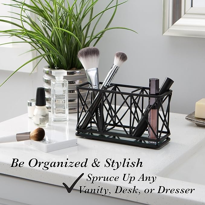 Home Details 3 Compartment Cosmetic Brush Holder | Make Up Pencil | Vanity Organizer | Bathroom | Dresser | Office | Mirror Base | Matte Black