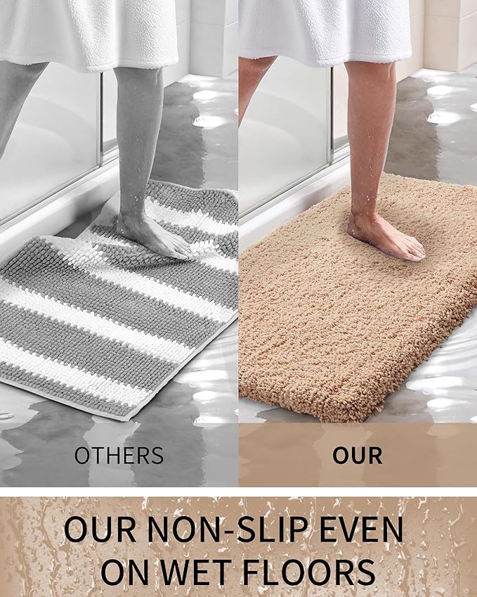 Bathroom Rugs Non Slip Washable 59x24, Ultra Thick Soft Microfiber Absorbent Bath Mats, High Density Foam Latex Non Slip Backing Bath Rugs, Fluffy Floor Carpet for Tub&Shower,Beige