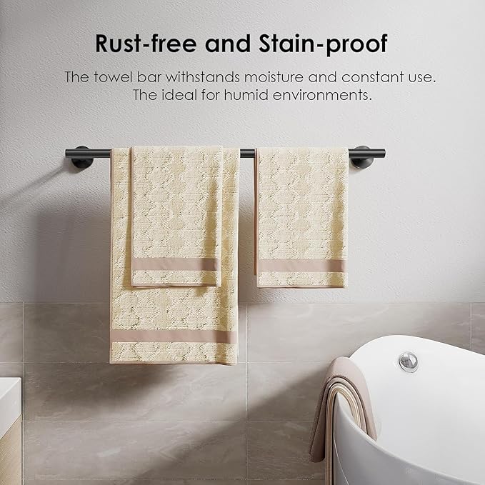 FORIOUS Towel Bar Wall Mounted, Stainless Steel Towel Racks for Bathroom, Includes Wall Mounting Hardware (Matte Black, 23 Inch)