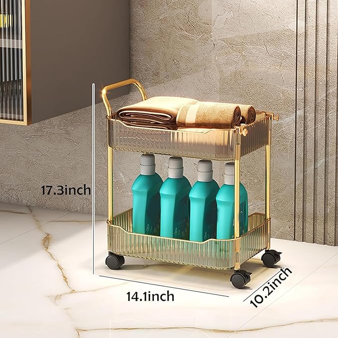Acrylic Storage Trolley, Laundry Room Organization Mobile Shelves Bathroom Kitchen Rolling Utility Cart with Handle and Lockable Wheel(Gold,14.1x10.2x17.3inch)