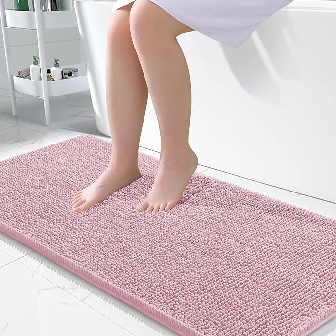 OLANLY Bathroom Rugs 47x24, Extra Soft Absorbent Chenille Bath Rugs, Rubber Backing Quick Dry, Machine Washable Bath Mats for Bathroom Floor, Tub and Shower, Home Decor Accessories, Dusty Rose