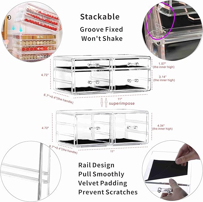 Cq acrylic Clear Acrylic Organizers Countertop,6 Drawers Stackable Storage Bins,Cute Clear Storage Bins for Vanity Jewelry,Hair Accessory,Beauty,Skin Care,Skincare Product Stackable Storage Drawers