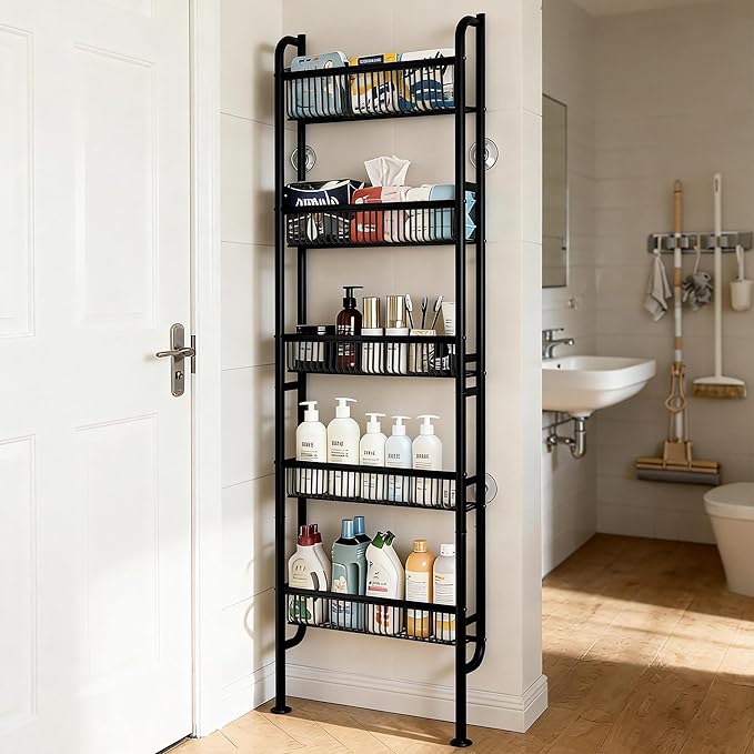 Behind The Door Narrow Bookshelves Pantry Spice Rack 5-Tier Slim Metal Space-Saving Organizer for Bathroom Closet Kitchen Living Room Sturdy Room Laundry Room, Black
