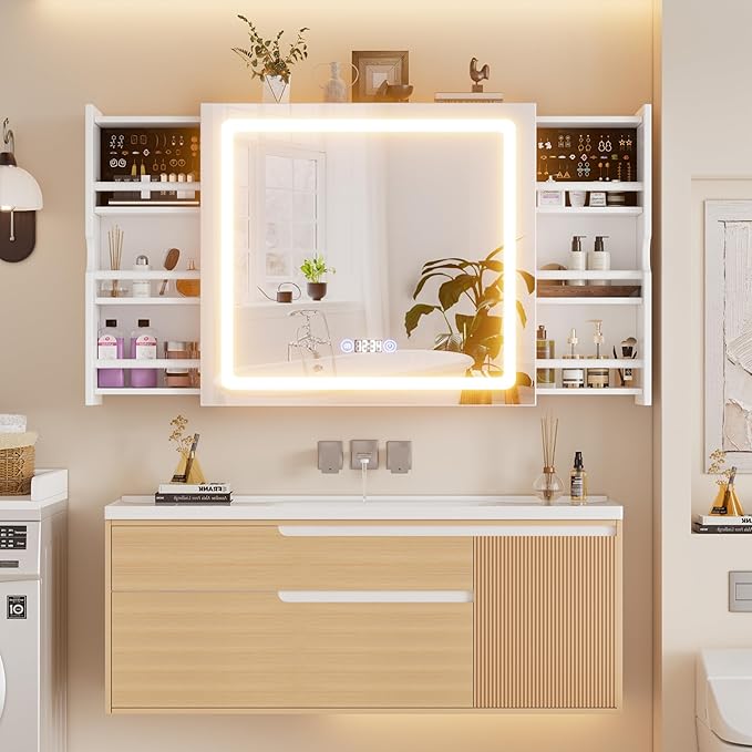 Led Lighted Bathroom Mirror Anti Fog Medicine Cabinet,Sliding Wall Mounted Bathroom Storage Cabinet,Medicine Cabinet with Storage and 3 Lighting Modes,White(Anti-Fog Mirror Cabinet with Light)