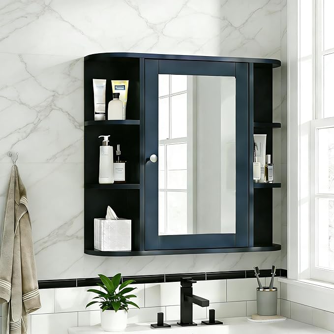 Merax Bathroom Wall Storage Cabinet with Mirror, 26 Inch Medicine Cabinet with Mirror Doors & Adjustable Wood Shelf, Space-Saving Modern Mounted Storage Cabinets with 6 Open Shelves, Blue